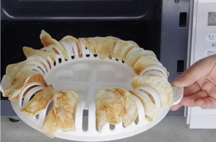 Set of 2 Microwaveable Potato Chip Makers, Convenient for Microwave Use: yellow, tan ring-shaped pastry/bread arrangement, re