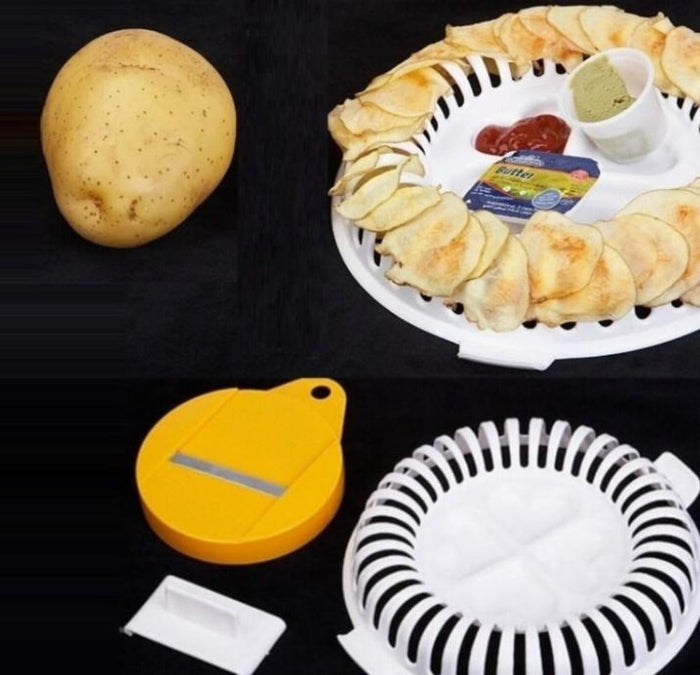 Set of 2 Microwaveable Potato Chip Makers, Convenient for Microwave Use: yellow, tan ring-shaped pastry/bread arrangement, re