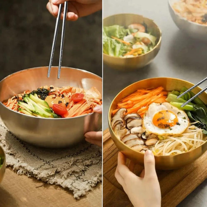 Set of 5 Pairs of Stainless Steel Chopsticks from Korea: golden brown, brown plate of stir-fried noodles, food photography st