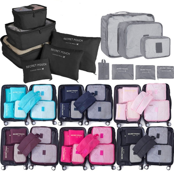 Set of 7 Luggage Packing Cubes: black, gray travel packing organizer set, minimal travel organizer style