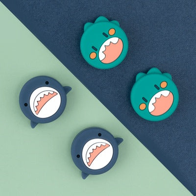 Shark Switch Joystick Caps with Cute Cat Designs: turquoise, coral red cartoon shark character, kawaii cartoon style