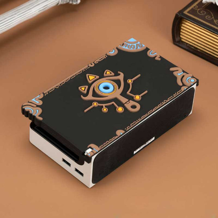 Sheikah Slate Switch Charging Dock Cover: white, black handheld game console with dock, fantasy-themed gaming accessory desig