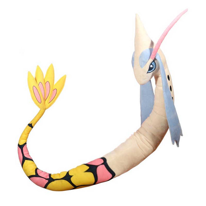 Shiny Milotic Plush Toy for Snuggling: cream, yellow long serpent-like fantasy creature, cartoon style