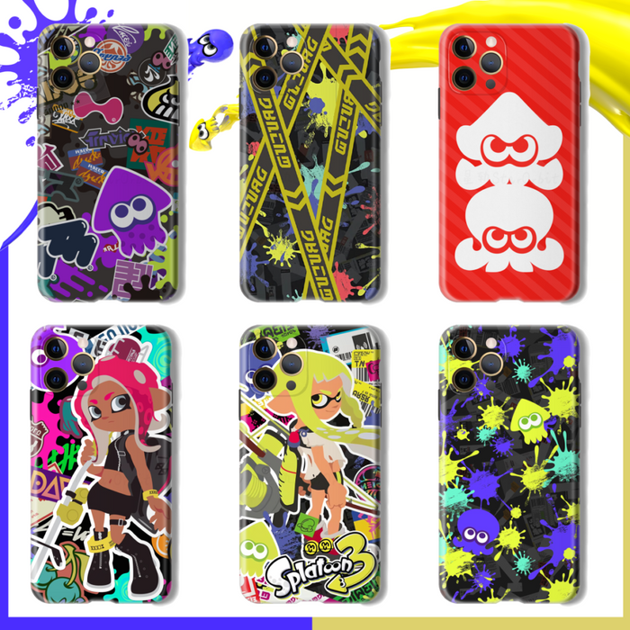 Shock-absorbent Splatoon phone case: black, yellow Splatoon game characters and squid-themed graphics, cartoon, colorful gami