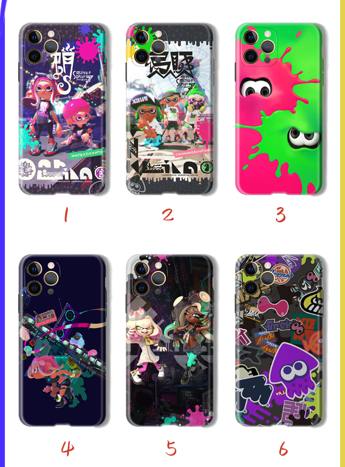 Shock-absorbent Splatoon phone case: black, yellow Splatoon game characters and squid-themed graphics, cartoon, colorful gami