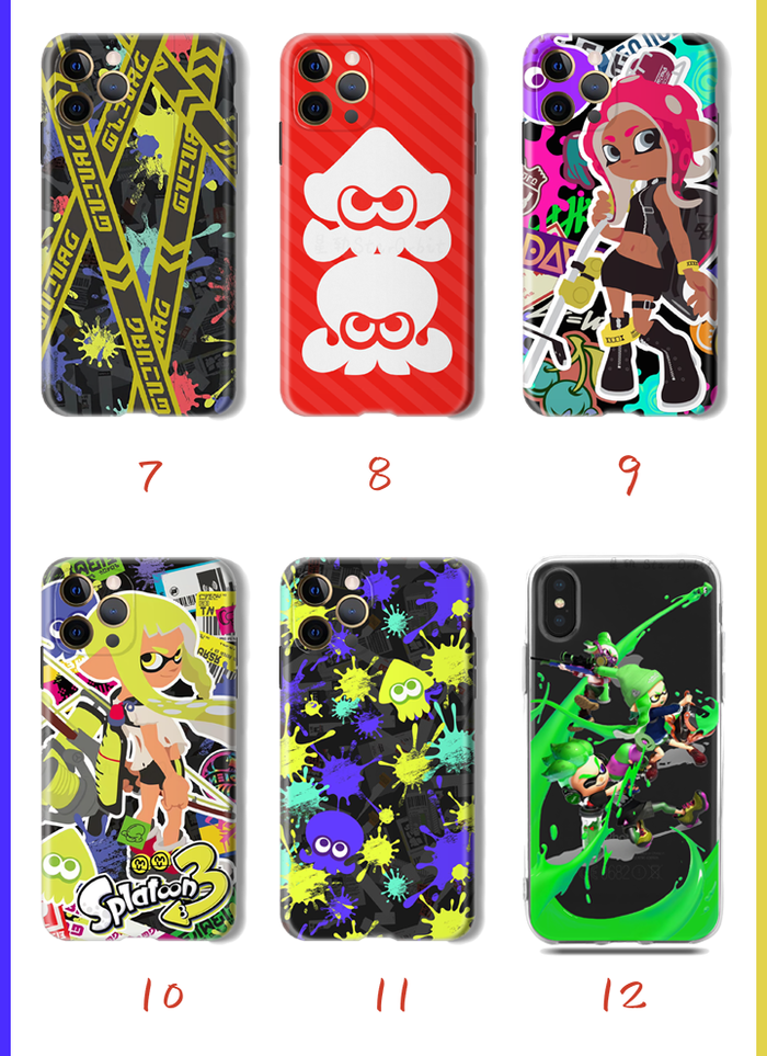 Shock-absorbent Splatoon phone case: black, yellow Splatoon game characters and squid-themed graphics, cartoon, colorful gami