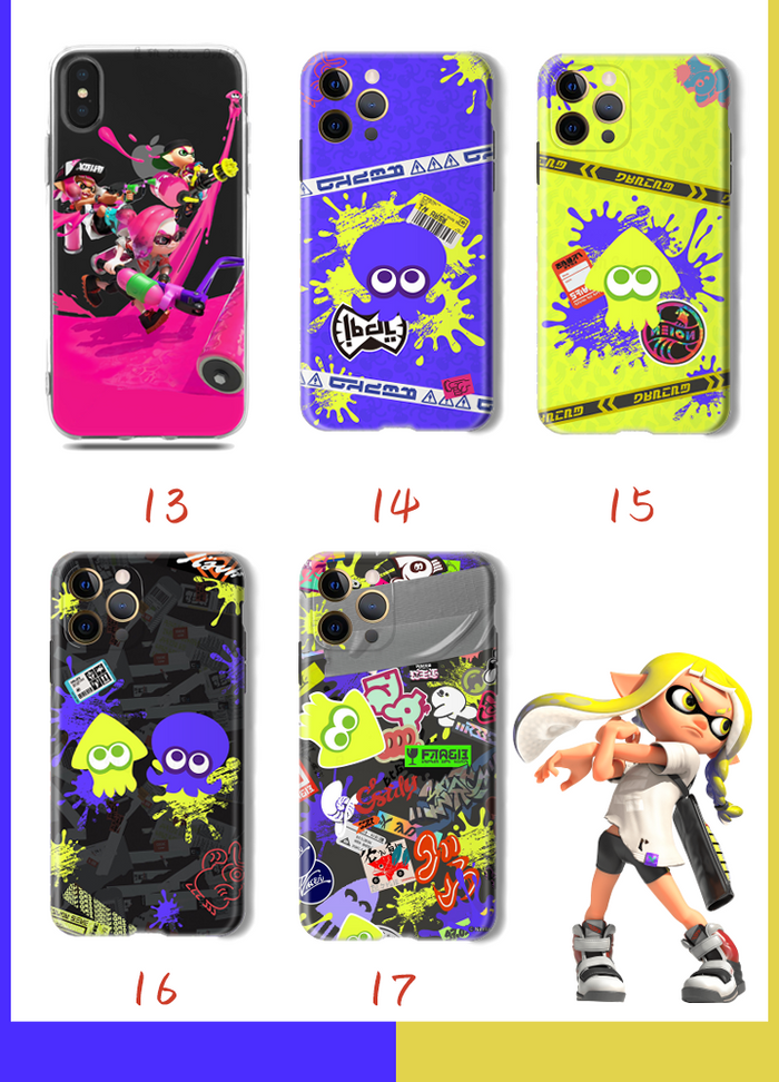 Shock-absorbent Splatoon phone case: black, yellow Splatoon game characters and squid-themed graphics, cartoon, colorful gami