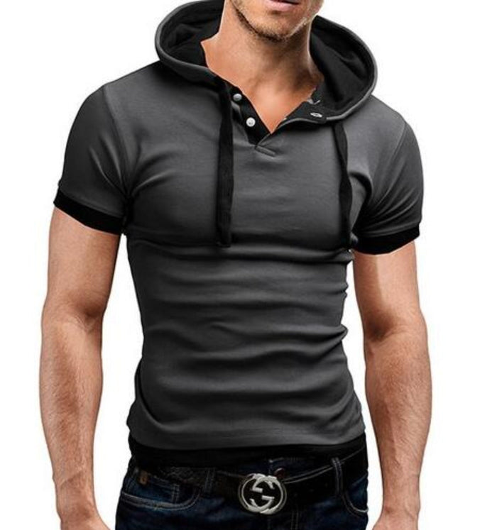Short Sleeve Hooded Tee for Men: black, dark gray short-sleeve hooded shirt, minimal casual style