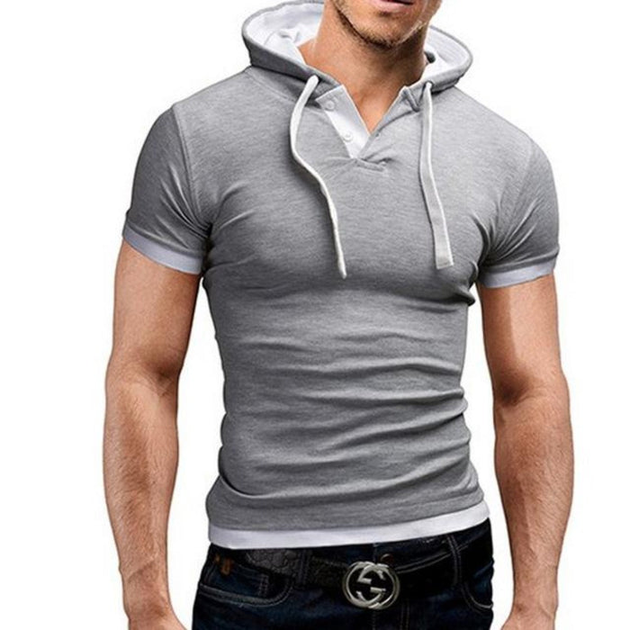 Short Sleeve Hooded Tee for Men: black, dark gray short-sleeve hooded shirt, minimal casual style