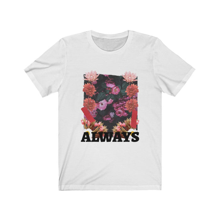 Short Sleeve Jersey Tee with a Floral Grunge Twist: white, black floral theme, casual graphic style