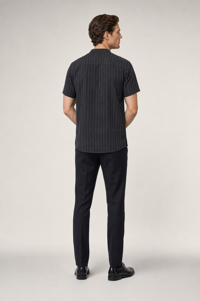 Short Sleeve Linen Striped Shirt for Men Black