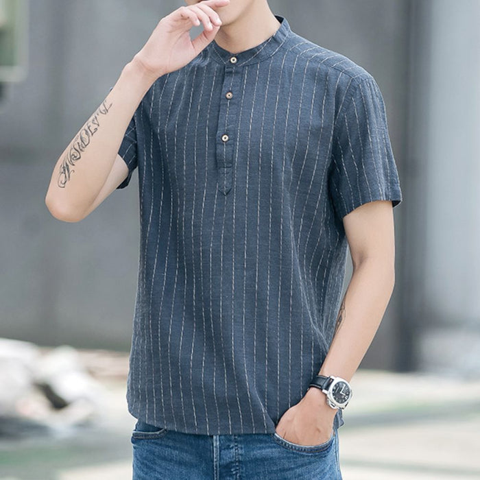 Short Sleeve Linen Striped Shirt for Men: dark blue, white short-sleeve pullover shirt, casual minimal style