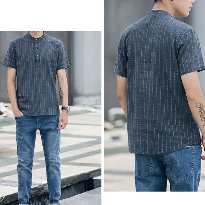 Short Sleeve Linen Striped Shirt for Men: dark blue, white short-sleeve pullover shirt, casual minimal style