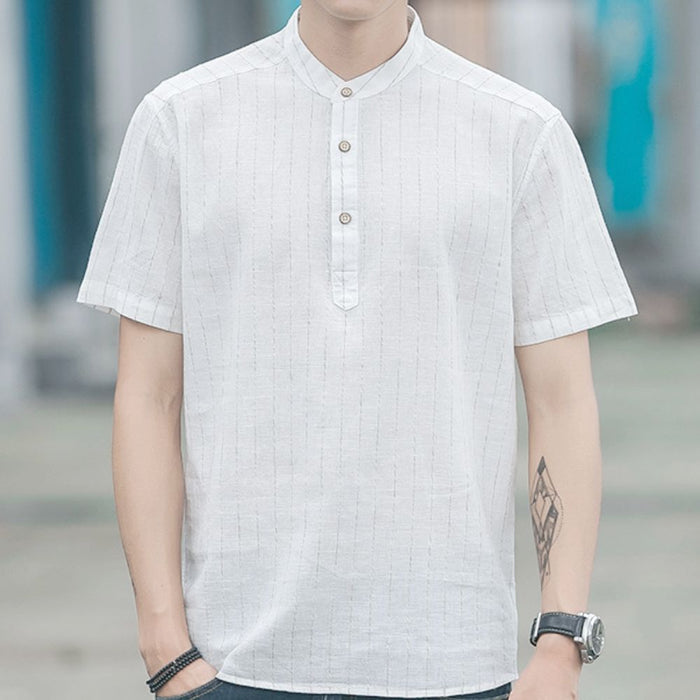 Short Sleeve Linen Striped Shirt for Men: dark blue, white short-sleeve pullover shirt, casual minimal style