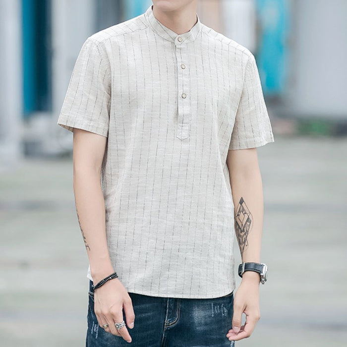Short Sleeve Linen Striped Shirt for Men: dark blue, white short-sleeve pullover shirt, casual minimal style