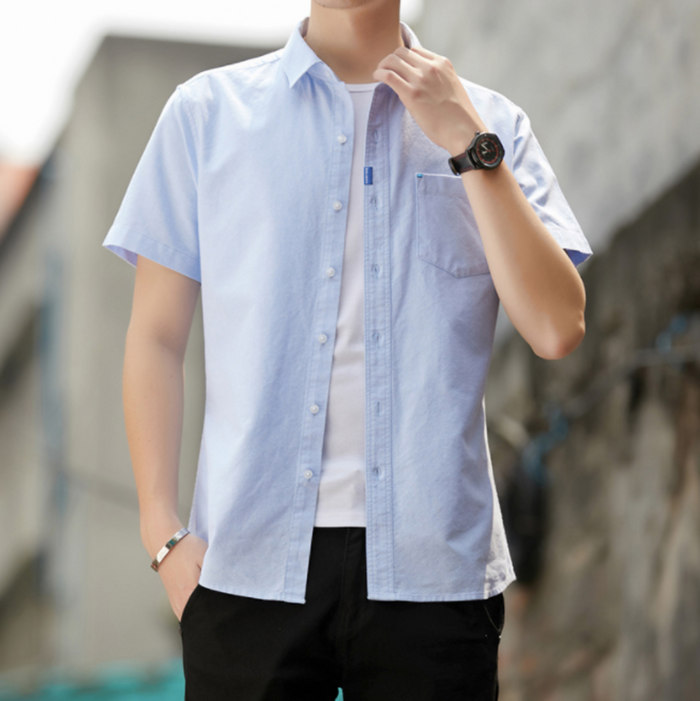 Short Sleeve Men's Button-Up Shirt Title Revision: light blue, white short-sleeve button-up shirt, casual minimal style