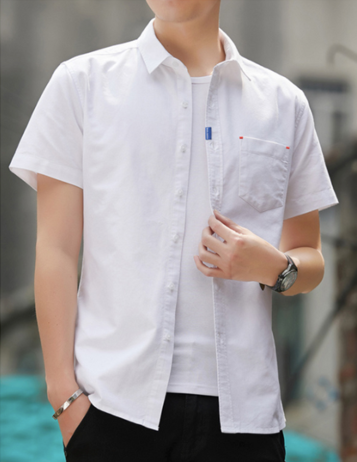 Short Sleeve Men's Button-Up Shirt Title Revision: light blue, white short-sleeve button-up shirt, casual minimal style
