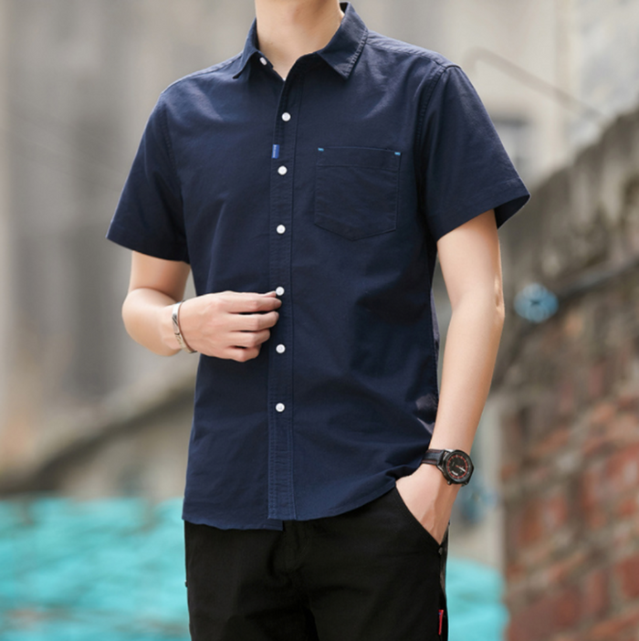 Short Sleeve Men's Button-Up Shirt Title Revision: light blue, white short-sleeve button-up shirt, casual minimal style