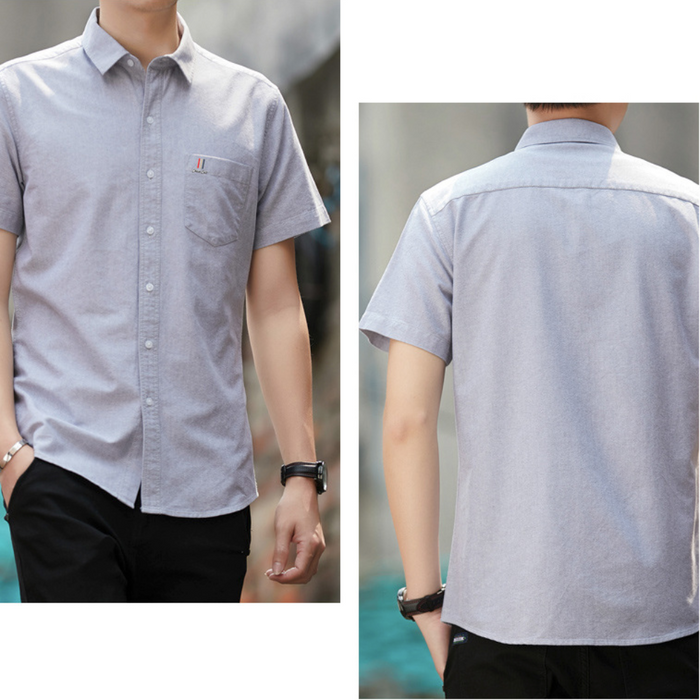 Short Sleeve Men's Button-Up Shirt Title Revision: light blue, white short-sleeve button-up shirt, casual minimal style