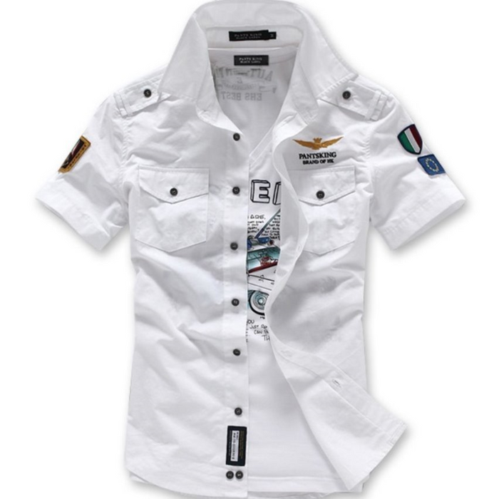 Short Sleeve Military-Style Shirt for Men: white, black short-sleeve button-up shirt, casual military-inspired graphic style