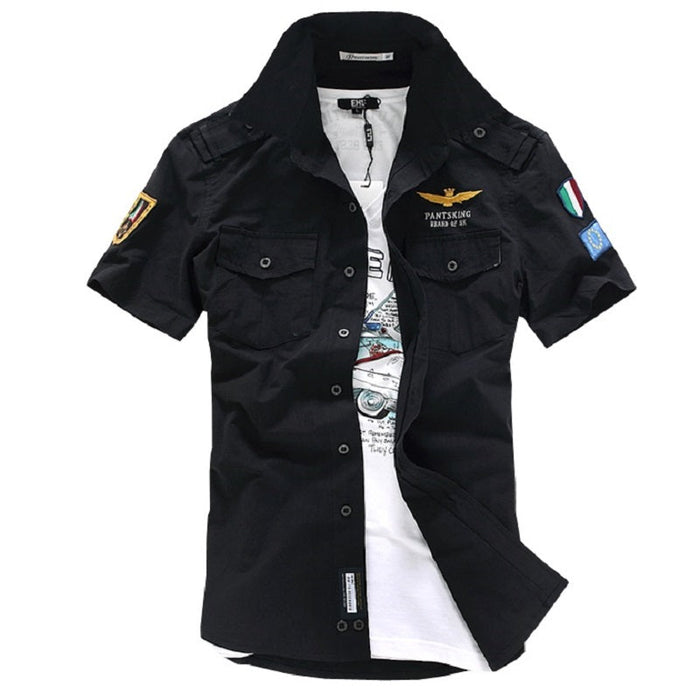 Short Sleeve Military-Style Shirt for Men: white, black short-sleeve button-up shirt, casual military-inspired graphic style