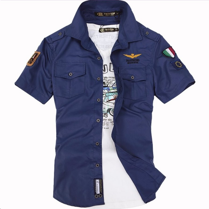 Short Sleeve Military-Style Shirt for Men: white, black short-sleeve button-up shirt, casual military-inspired graphic style