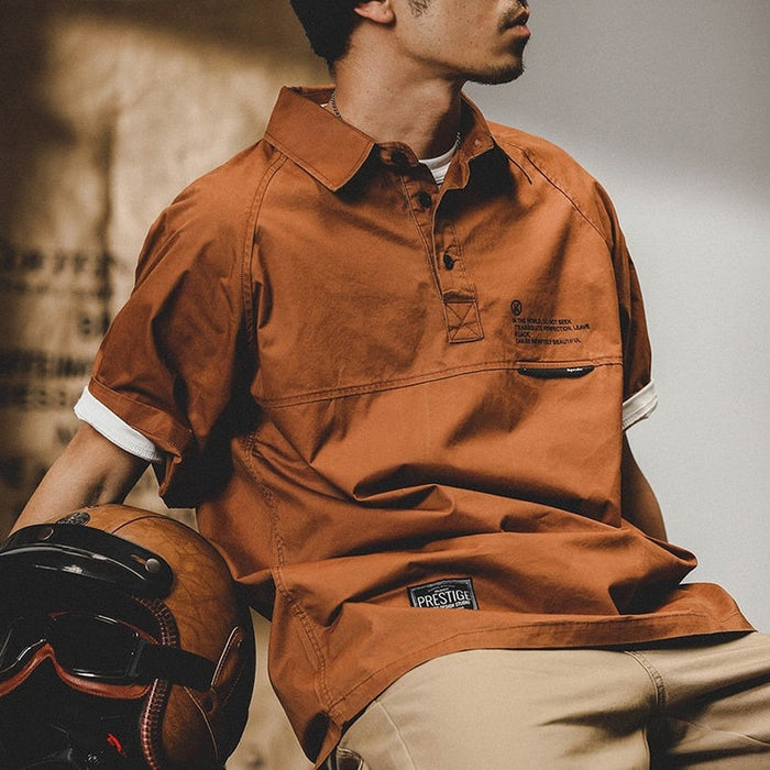 Short Sleeve Popover Shirt for Men: rust orange, white short-sleeve pullover shirt, casual workwear-inspired style