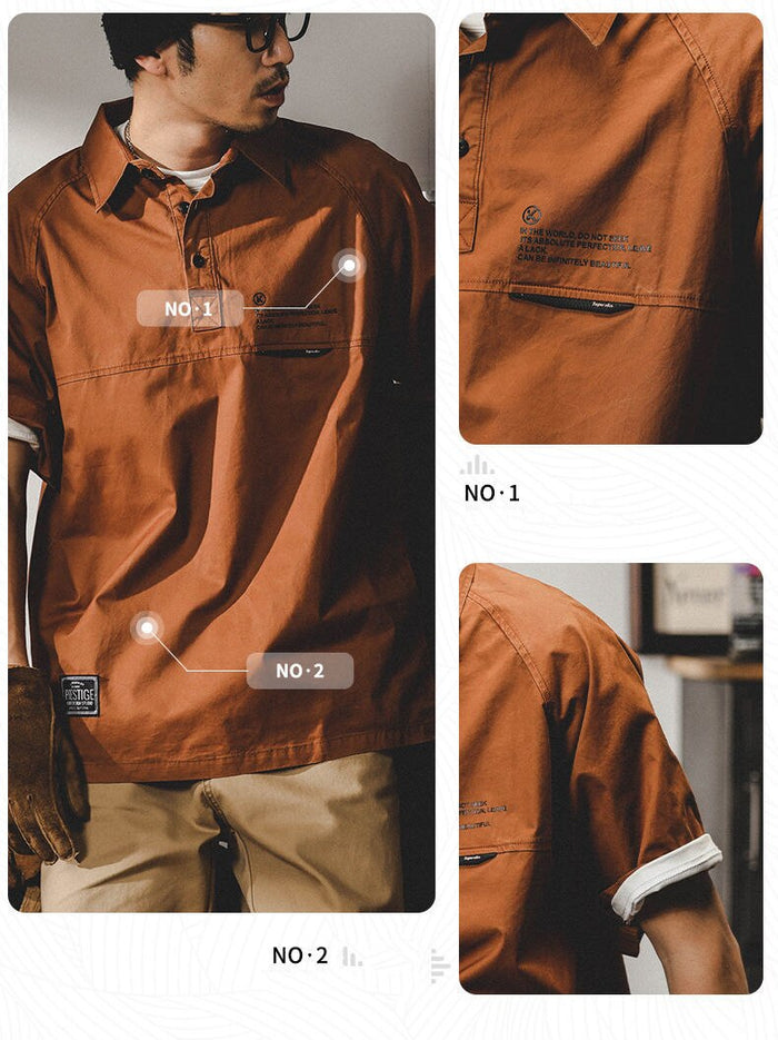 Short Sleeve Popover Shirt for Men: rust orange, white short-sleeve pullover shirt, casual workwear-inspired style