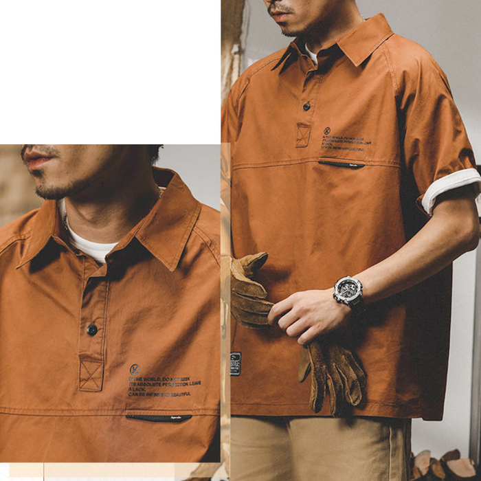 Short Sleeve Popover Shirt for Men: rust orange, white short-sleeve pullover shirt, casual workwear-inspired style