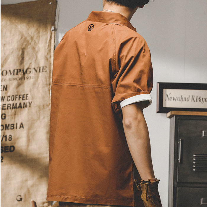Short Sleeve Popover Shirt for Men: rust orange, white short-sleeve pullover shirt, casual workwear-inspired style