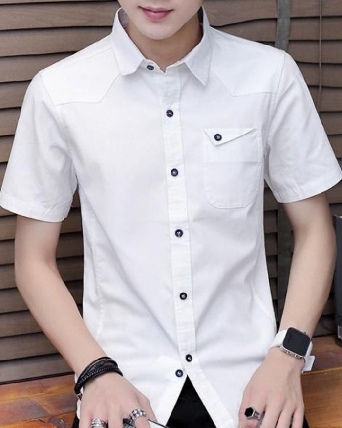 Short Sleeve Shirt with Flip Pockets for Men: white, dark buttons short-sleeve button-up shirt, minimal style