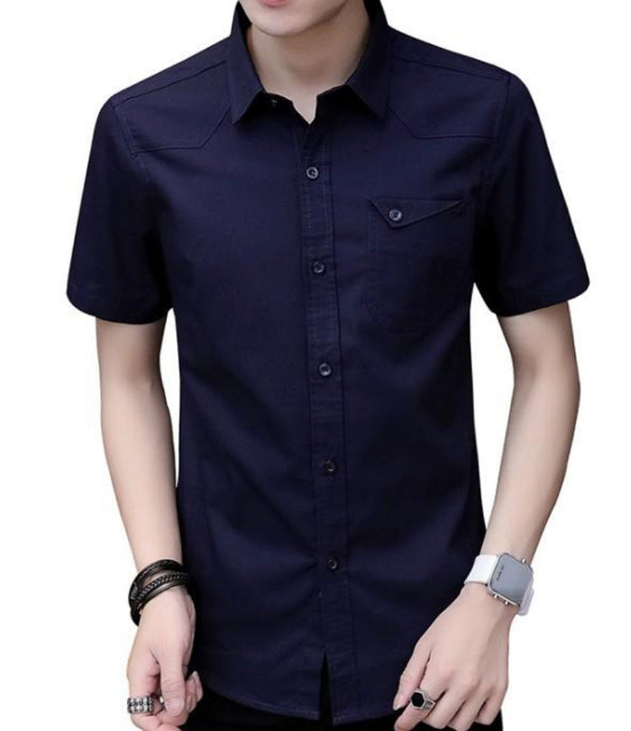 Short Sleeve Shirt with Flip Pockets for Men: white, dark buttons short-sleeve button-up shirt, minimal style