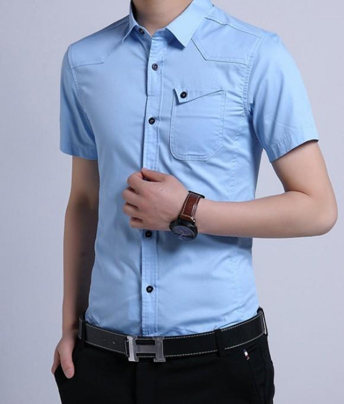 Short Sleeve Shirt with Flip Pockets for Men: white, dark buttons short-sleeve button-up shirt, minimal style