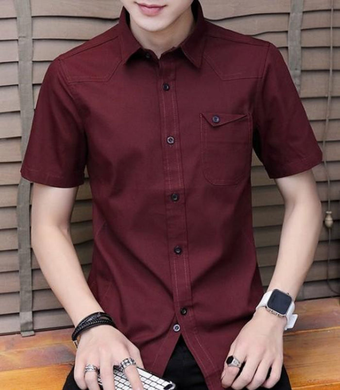 Short Sleeve Shirt with Flip Pockets for Men: white, dark buttons short-sleeve button-up shirt, minimal style
