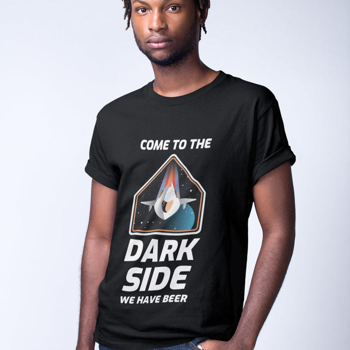 Short Sleeve T-Shirt for Men with a Space Theme: black, white space-themed sci-fi parody graphic with a spacecraft/helmet-lik