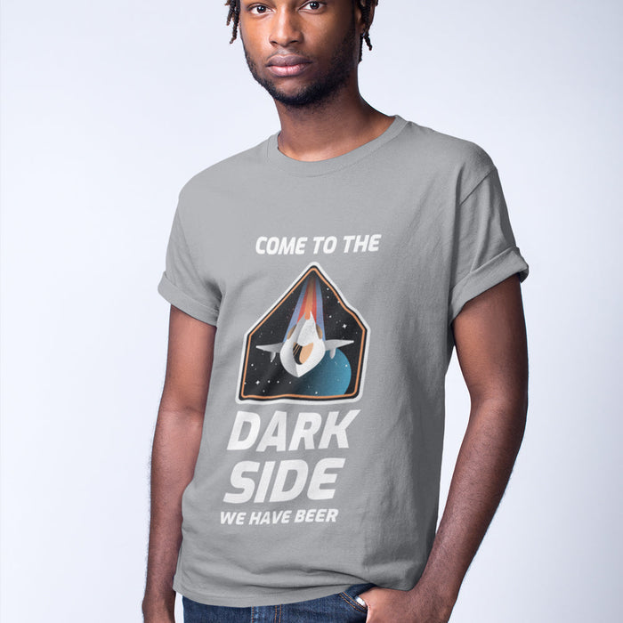 Short Sleeve T-Shirt for Men with a Space Theme: black, white space-themed sci-fi parody graphic with a spacecraft/helmet-lik
