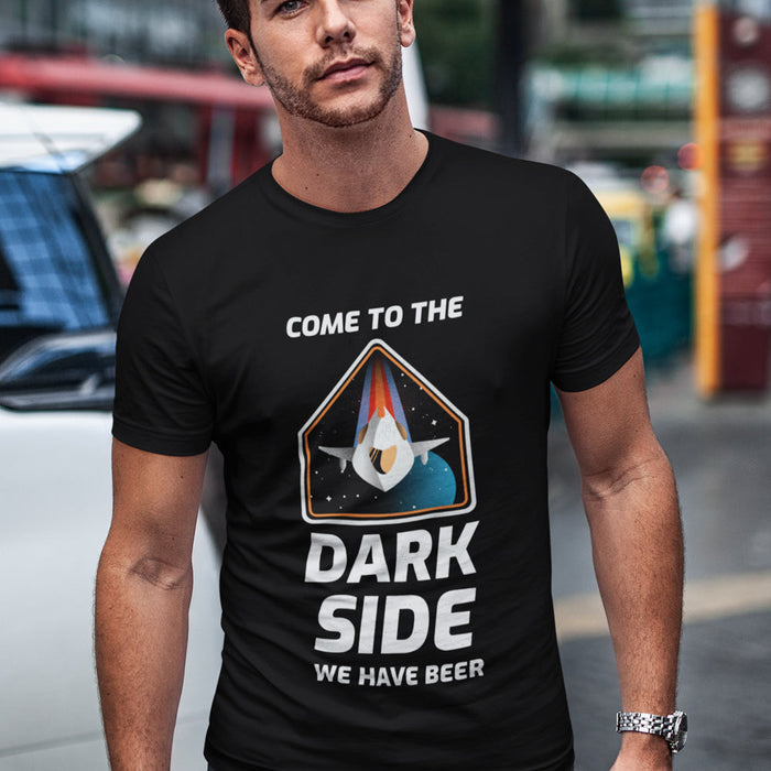 Short Sleeve T-Shirt for Men with a Space Theme: black, white space-themed sci-fi parody graphic with a spacecraft/helmet-lik