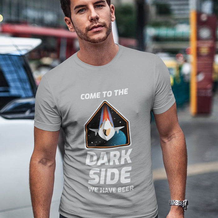 Short Sleeve T-Shirt for Men with a Space Theme: black, white space-themed sci-fi parody graphic with a spacecraft/helmet-lik