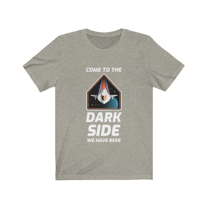 Short Sleeve T-Shirt for Men with a Space Theme: black, white space-themed sci-fi parody graphic with a spacecraft/helmet-lik