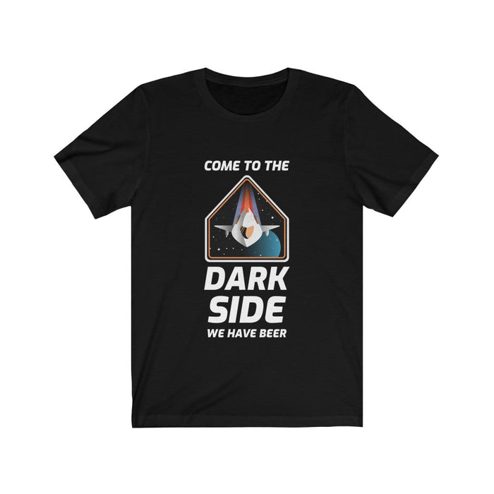Short Sleeve T-Shirt for Men with a Space Theme: black, white space-themed sci-fi parody graphic with a spacecraft/helmet-lik