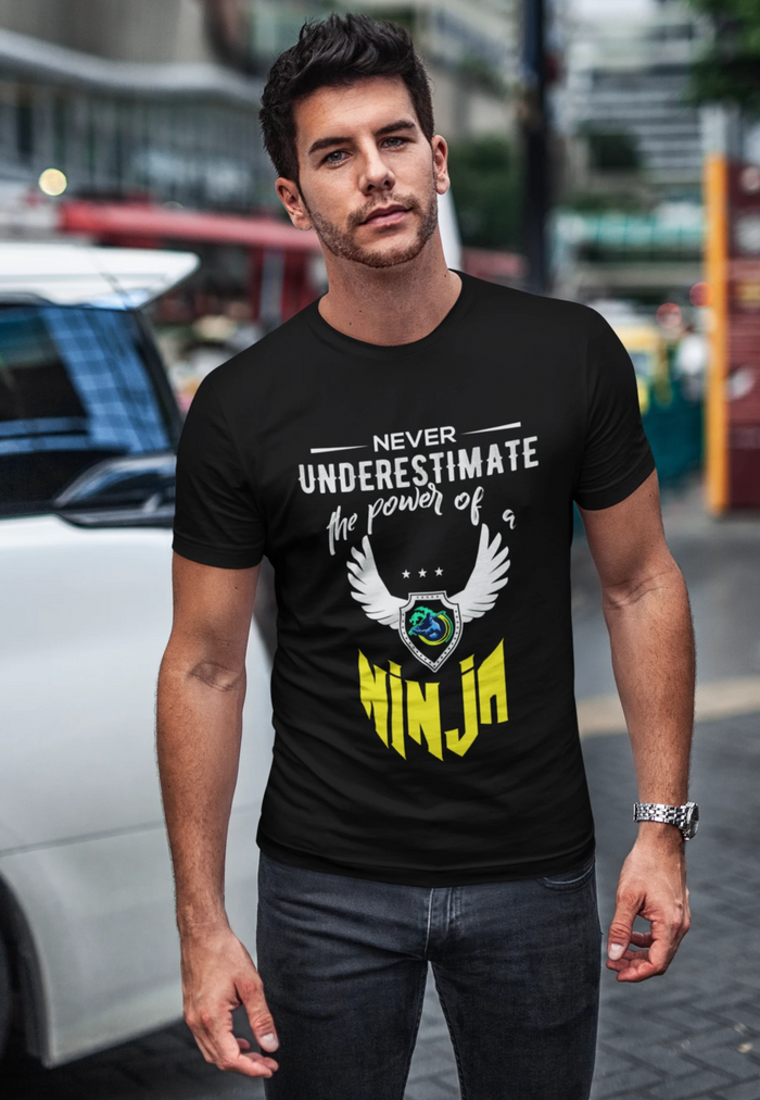 Short Sleeve T-Shirt with Yellow Ninja Emblem: black, white ninja-themed emblem, graphic casual style