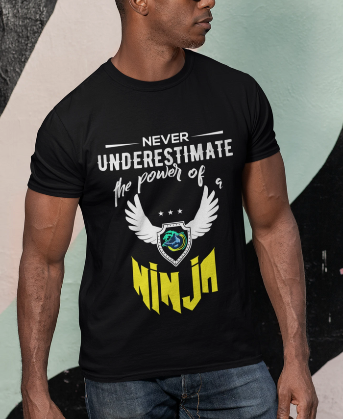 Short Sleeve T-Shirt with Yellow Ninja Emblem: black, white ninja-themed emblem, graphic casual style