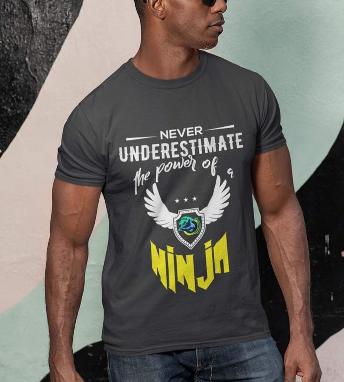 Short Sleeve T-Shirt with Yellow Ninja Emblem: black, white ninja-themed emblem, graphic casual style