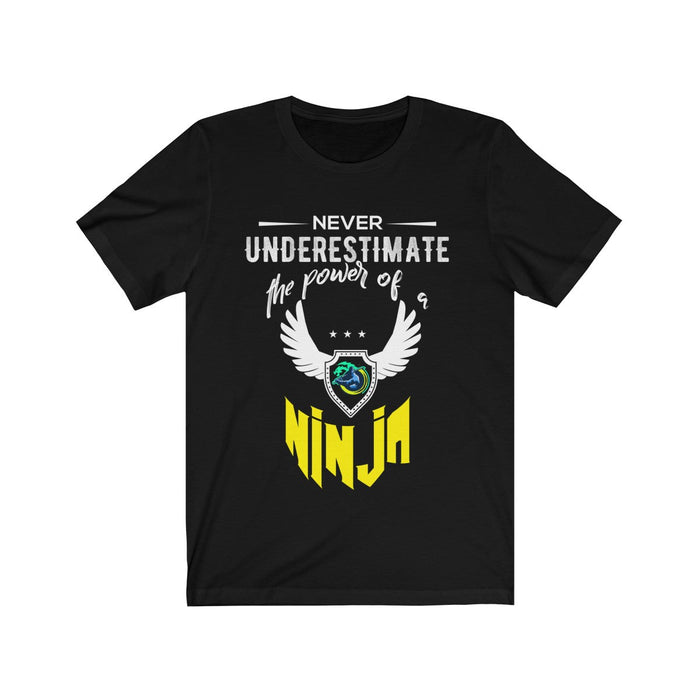 Short Sleeve T-Shirt with Yellow Ninja Emblem: black, white ninja-themed emblem, graphic casual style