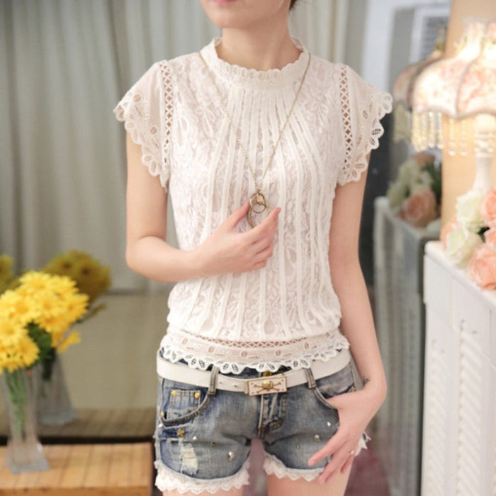 Short-Sleeved Lace Blouse for Women: white, cream women's lace blouse/top, feminine romantic style