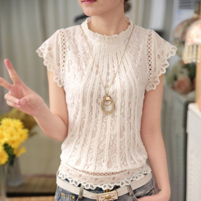 Short-Sleeved Lace Blouse for Women: white, cream women's lace blouse/top, feminine romantic style