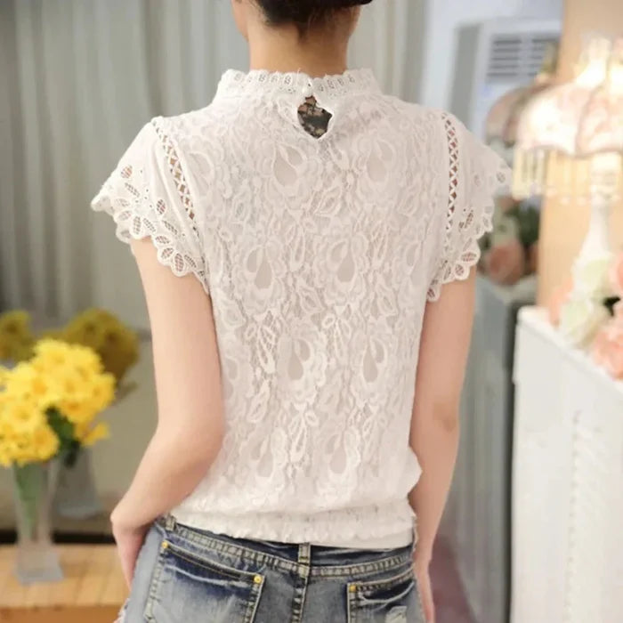 Short-Sleeved Lace Blouse for Women: white, cream women's lace blouse/top, feminine romantic style