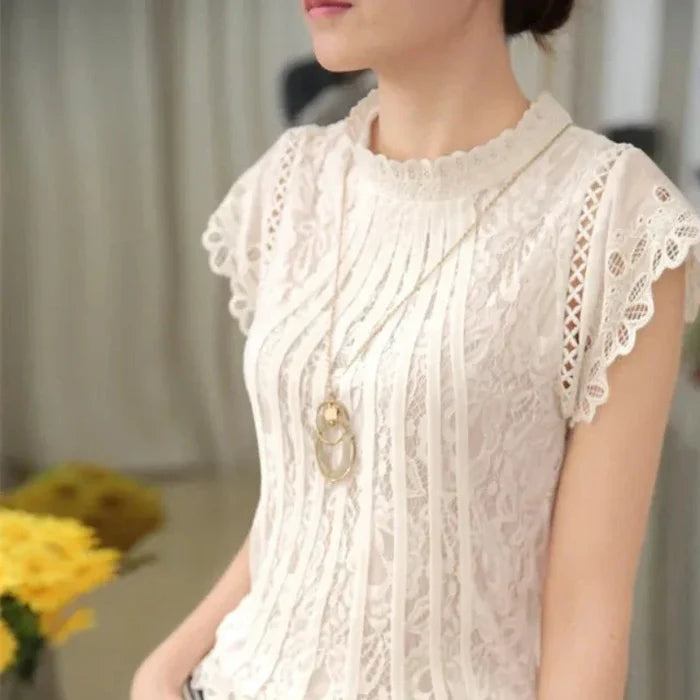 Short-Sleeved Lace Blouse for Women: white, cream women's lace blouse/top, feminine romantic style