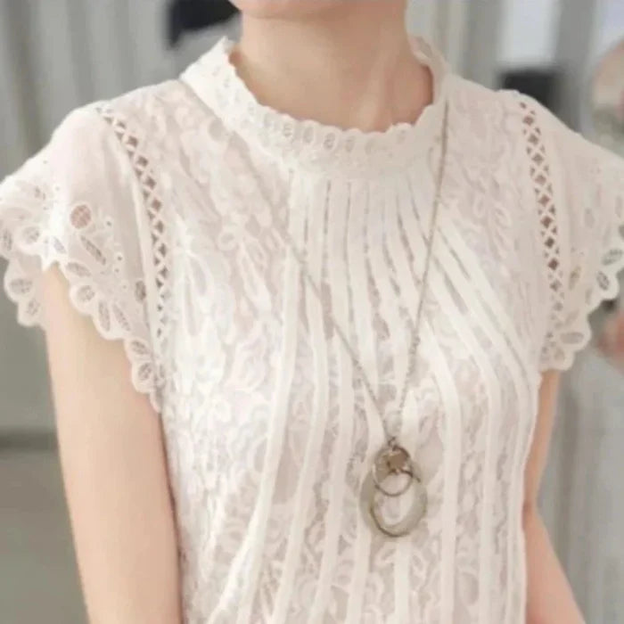 Short-Sleeved Lace Blouse for Women: white, cream women's lace blouse/top, feminine romantic style