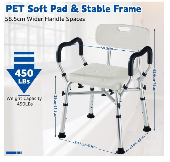 Shower Chair Elderly Shower Bath Stools Back&Arms Non Slip Adjustable Blue-248